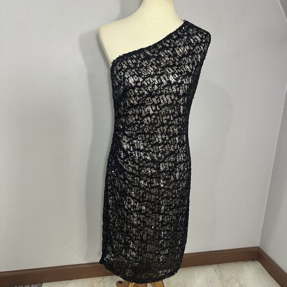 David Meister Black Lace One Shoulder Sequin Cocktail Dress Evening Formal Sz 12 - Picture 11 of 11